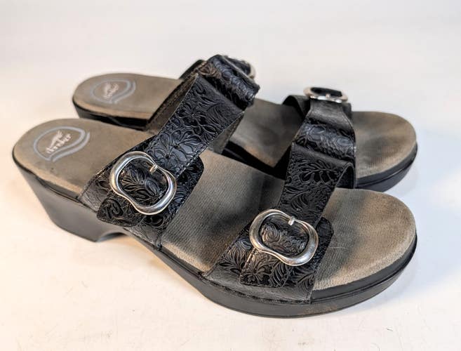 DANSKO Sophie Black Tooled Leather Comfort Buckle Sandals Size 41 / 10.5-11