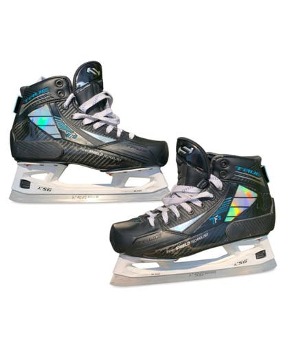True TF9 Goalie Skates Senior 7-7.5R with CCM XSG Holders, Steel, & Upgrades *Read Full Description*