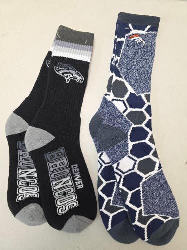 ST28 Mens NFL DENVER BRONCOS Lot of 2 Crew Socks LARGE 8-13 New