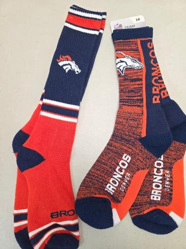 ST29 Mens NFL DENVER BRONCOS Lot of 2 Crew Socks LARGE 8-13 New