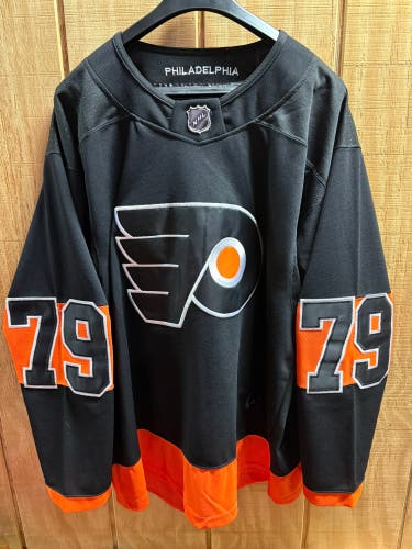 Adidas Philadelphia Flyers #79 Carter Hart black alternate hockey jersey.