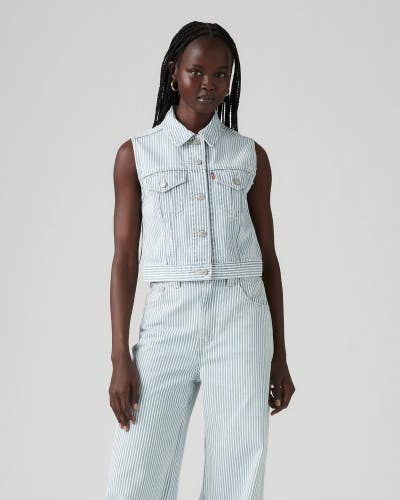 Levi's Trucker Vest Women's Small Light Blue Stripe Denim Button Front PALL437