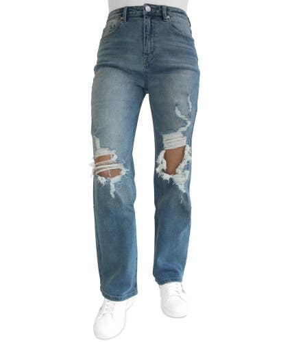 Madden Girl Jeans Women's 13 Blue Denim Distressed High Rise Wide Leg PALL389