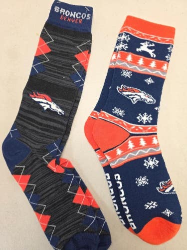 ST53 Mens NFL DENVER BRONCOS Lot of 2 Crew Socks LARGE 8-13 New