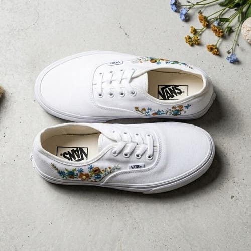 Brand New Custom Embroidered Vans Authentic White Floral Cottagecore Womens 7