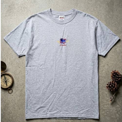 Vintage Y2K Alaska Moose Embroidered Center Logo T-Shirt Gray Anvil Mens XL