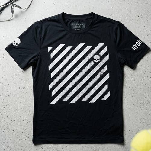 Hydrogen Tennis Italian Luxury Skull Graphic T-Shirt Black White Stripe Men's XS