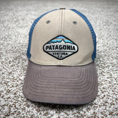 Patagonia Hat Cap Snap Back Blue Tan Trucker Mesh Ventura CA Patch Mens Outdoor