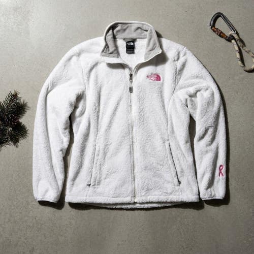 The North Face Breast Cancer Pink Ribbon White Fuzzy Fleece Jacket Womens L