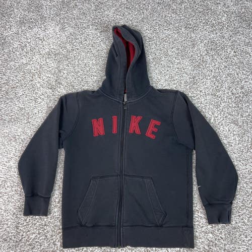 Nike Hoodie Boys Medium 10-12 Black Full Zip Fleece Logo Sweatshirt Top Spellout
