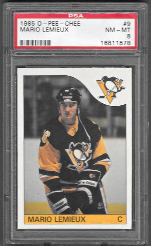 1985/86 O-Pee-Chee #9 OPC Mario Lemieux Rookie Card PSA 8