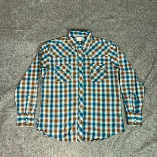 Wrangler Mens Shirt Large Blue Brown Pearl Snap Wrancher Cowboy Western Work Top