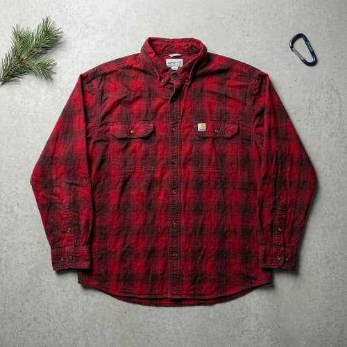Carhartt Red Plaid Flannel Shirt Mens 2XL Relaxed Fit Workwear Grunge Shacket