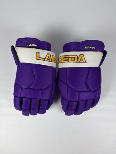 Used 14” Senior Labeda Pro Series Pro Stock Hockey Gloves - Purple/Gold/White