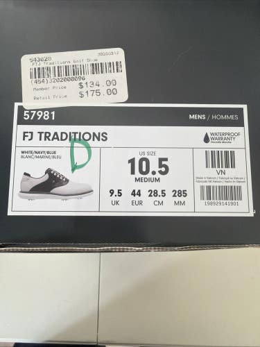 Footjoy Traditions Mens Golf Shoes White/Navy/Blue Size 10.5 NEW IN BOX