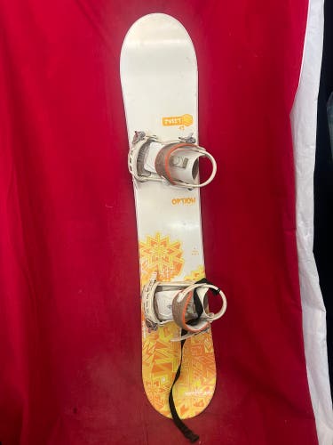 white and yellow Option Sweet women's all-mountain 142cm snowboard, Salomon ultane binding size medi