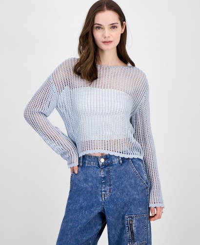 Ultra Flirt Sweater Women's Small Baby Blue Shimmer Open Knit Scoop Neck PALL607