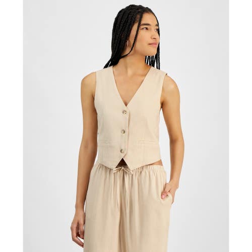 Hippie Rose Vest Women's XL Juniors Warm Sand Linen V Neck Button Front PALL508