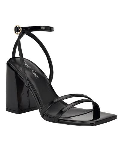 Calvin Klein Sassa Sandals Womens 8.5 M Black Patent Leather Block Heel HTAT1811