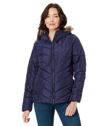 U.S. Polo Assn. Chevron Puffer Jacket Women Medium Blue Quilted Hooded FROG743