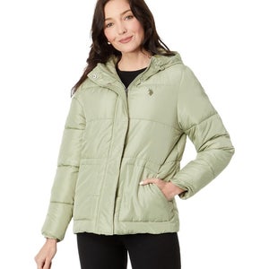 U.S. Polo Assn. Puffer Jacket Women's XL Vintage Sage Hooded Full Zip FROG748