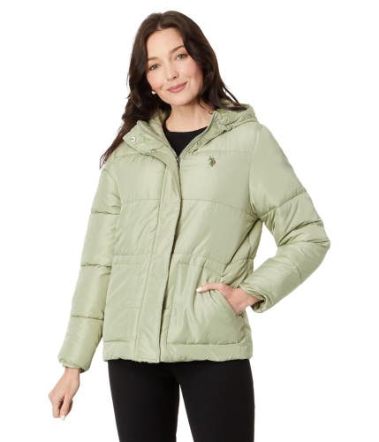 U.S. Polo Assn. Puffer Jacket Women's XL Vintage Sage Hooded Full Zip FROG748