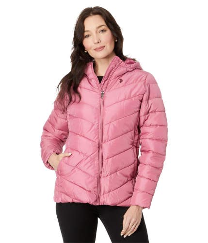 U.S. Polo Assn. Chevron Puffer Jacket Women's Medium Rose Faux Fur Lined FROG739