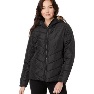 U.S. Polo Assn. Puffer Jacket Women Small Black Chevron Faux Fur Quilted FROG721