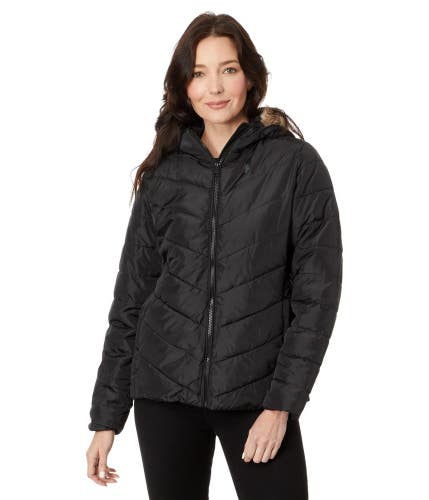 U.S. Polo Assn. Puffer Jacket Women Small Black Chevron Faux Fur Quilted FROG721