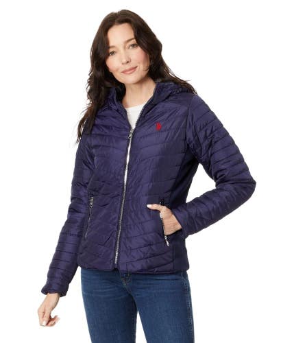 U.S. Polo Assn. Chevron Puffer Jacket Women's Medium Blue Quilted Hooded FROG742