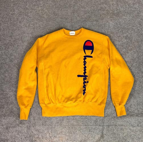 Champion Men Sweatshirt Medium Yellow Reverse Weave Spellout Sports Sweater Crew