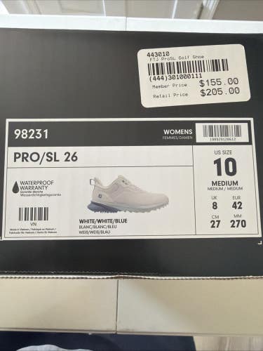 Footjoy Pro SL 26 Womens Golf Shoes White/White/Blue Size 10 NEW IN BOX