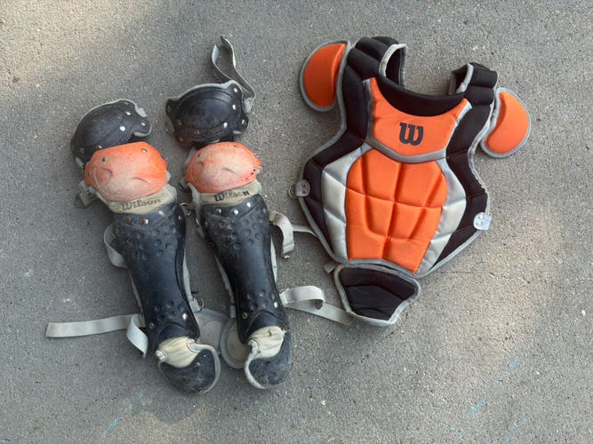 Orange and Black Youth Wilson C200 Catcher's Chest Protector and Shin Guards (Used)