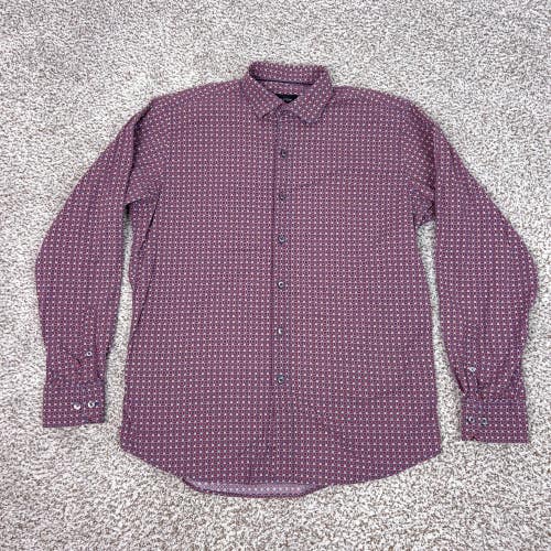 Bugatchi Shirt Mens Medium Red Blue Classic Fit Stretch Long Sleeve Geometric