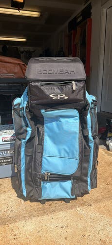 Boombah DEFCON Superpack XL Rolling Bat Bag – Black/Columbia Blue/Black Used)