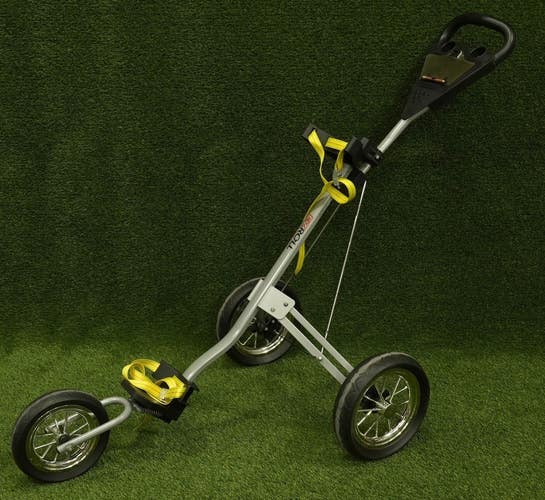EZ Roll Push Cart Pull 3 Wheel Golf Bag Pusher Collapsible, Silver / Yellow