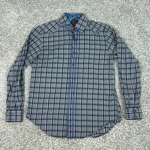 Robert Graham Shirt Mens Medium Gray Blue Plaid Flip Cuff Button Front Casual