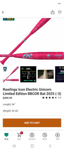 2025 Rawlings Icon Composite BBCOR Certified Bat (-3) 31 oz 34" (New)