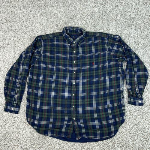 Ralph Lauren Shirt Mens 2XB Big Blue Green Plaid Flannel Pony Button Down Cabin