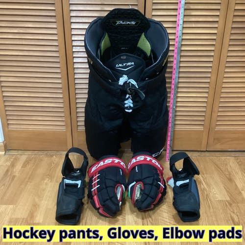 Men's CCM Tacks Ultra Hockey Pants, Easton Gloves + Elbow pads.