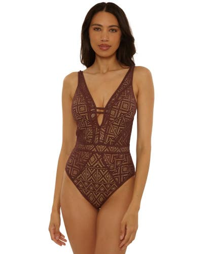 Becca Color Play Swimsuits Women's Small Mocha Crochet Plunge One Piece GBO3609