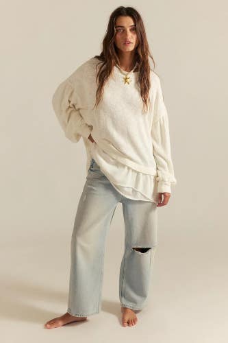 Free People Maddie Layered Sweater Womens Large Ivory Cotton Long Sleeve GBO3620