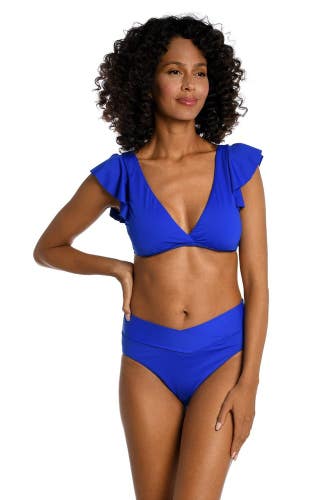 La Blanca Island Goddess Bikini Top Women's 16 Sapphire V Neck Ruffled GBO3446