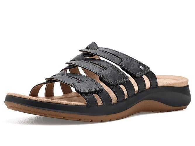 Clarks Maelynn Abby Sandals Women's 9 W Black Leather Open Toe Slide MEW2421