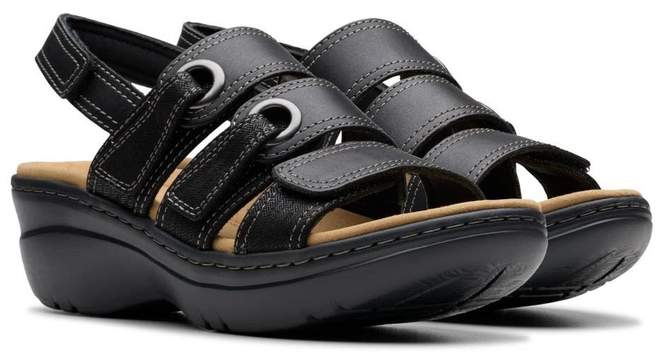 Clarks Merliah 2 Bali 26181714 Sandals Women's US 9.5 B Black Wedge Heel MEW2413