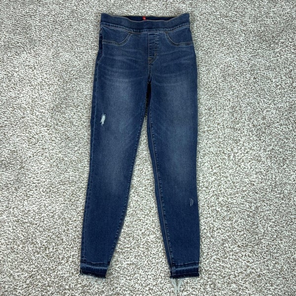Spanx Jeans Womens Small Blue Mid Rise Pull On Distressed Jegging Frayed Hem