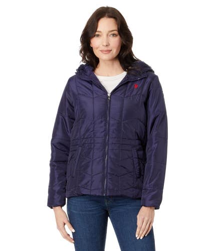 U.S. Polo Assn. Zigzag Wave Puffer Jacket Women's Medium Blue Full Zip FROG712