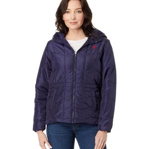U.S. Polo Assn. Puffer Jacket Women's Small Blue Faux Fur Lined Hooded FROG703
