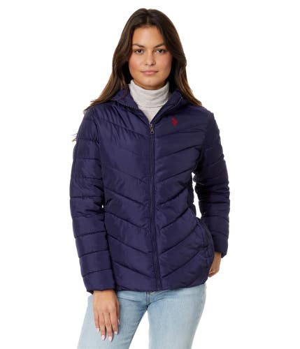 U.S. Polo Assn. Puffer Jacket Women's L Navy Blue Faux Fur Lined Quilted FROG781