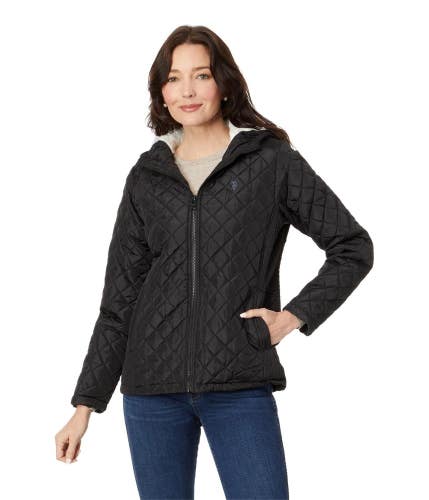 U.S. Polo Assn. Puffer Jacket Women's Large Black Faux Fur Lined Hooded FROG717